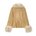 Fitted Faux Suede Blazer with Fur-Effect Trim