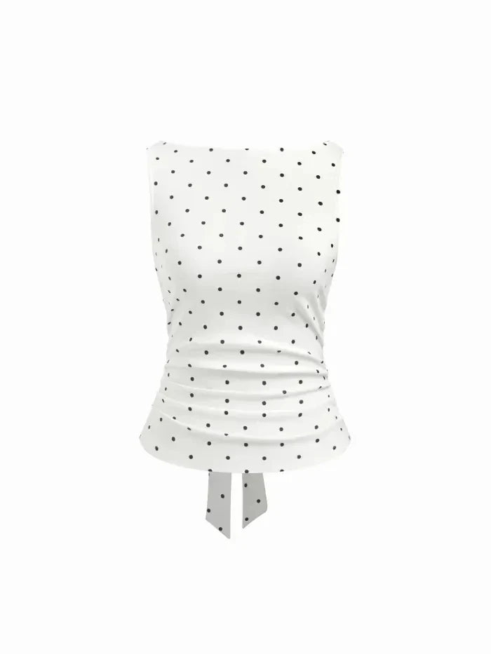 Polka Dot Boat-Neck Tie-Back Crop Top