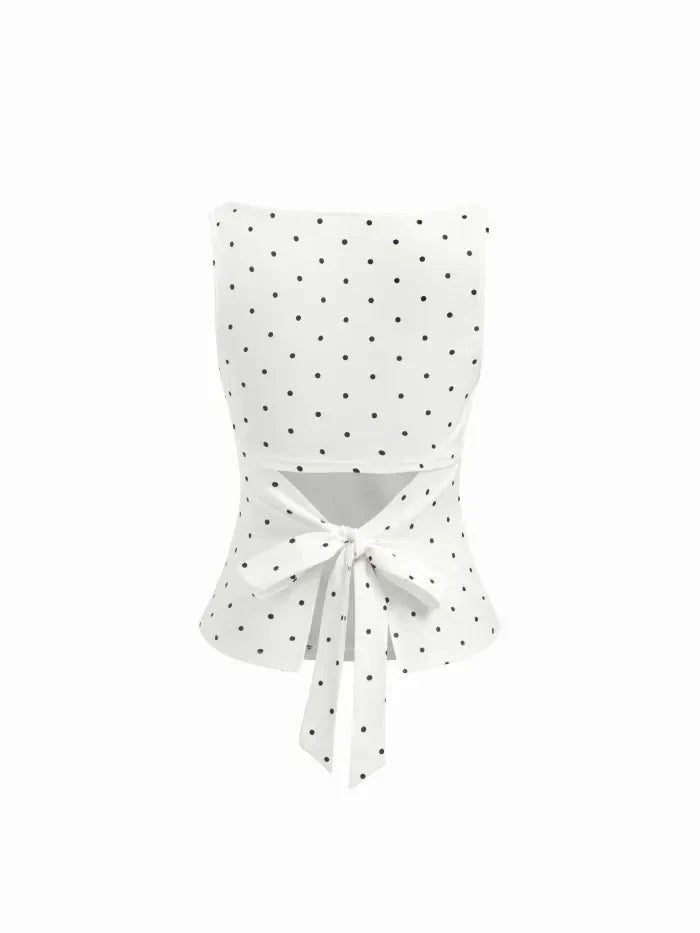 Polka Dot Boat-Neck Tie-Back Crop Top