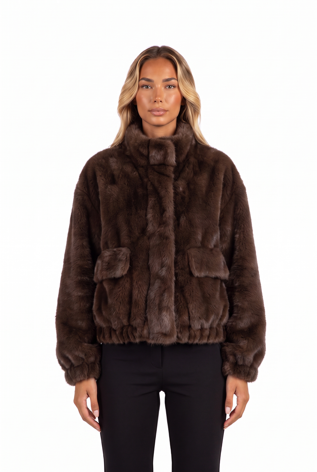 Brown plush faux fur cropped bomber jacket — collar and pocket detail