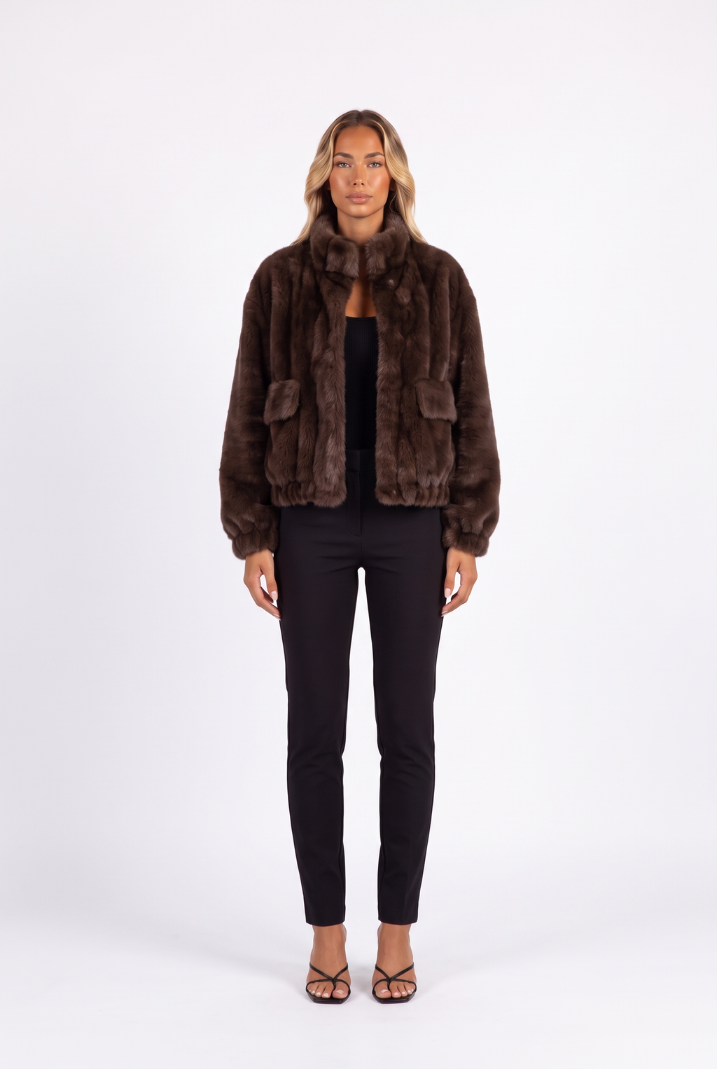 Brown plush faux fur cropped bomber jacket — front