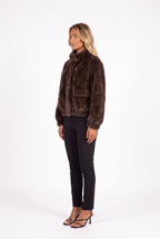 Brown plush faux fur cropped bomber jacket — side