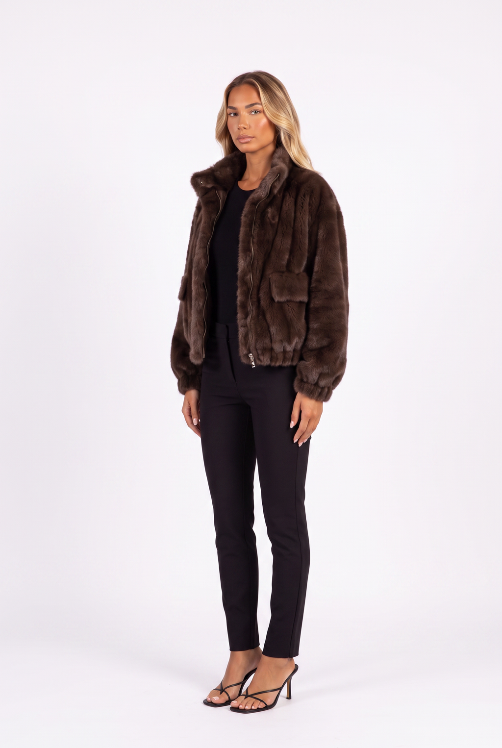 Brown plush faux fur cropped bomber jacket — open, three-quarter