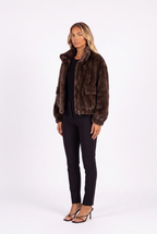 Brown plush faux fur cropped bomber jacket — open, three-quarter