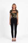 Camo print cut-out crew-neck top — front