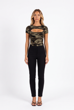 Camo print cut-out crew-neck top — front