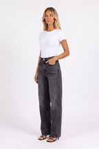 Washed black-grey high-waist wide-leg jeans — three-quarter