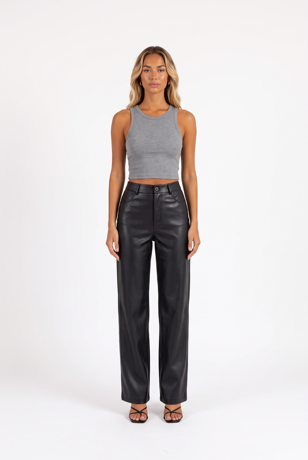 Black faux-leather high-waist straight-leg trousers — front