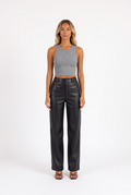 Black faux-leather high-waist straight-leg trousers — front