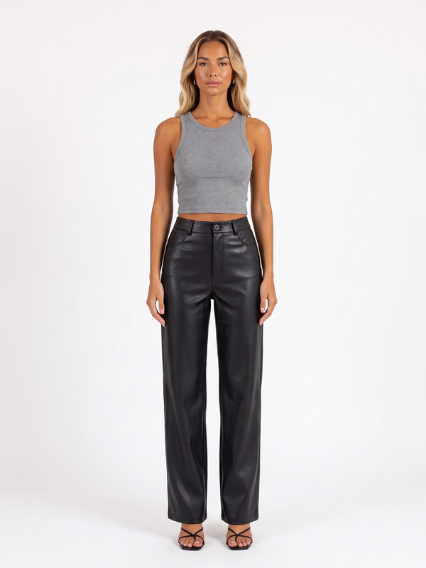 Faux Leather High-Waist Straight-Leg Pants