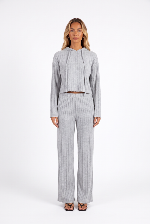 Heather grey rib-knit cropped hoodie and wide-leg trouser set — front