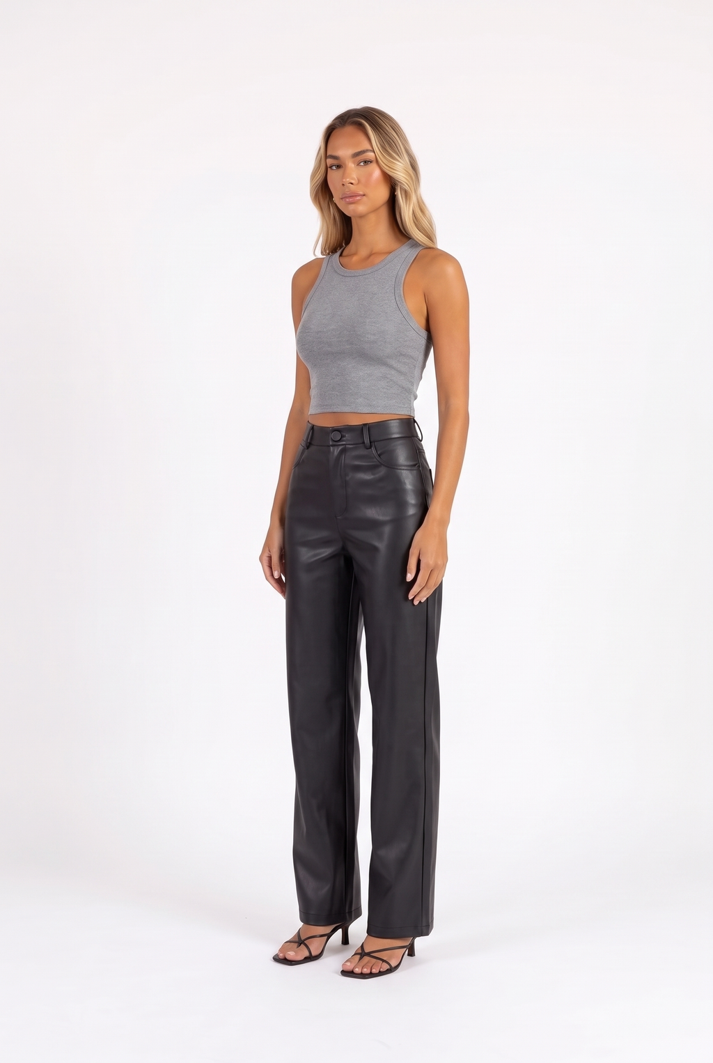 Black faux-leather high-waist straight-leg trousers — three-quarter