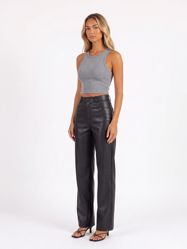 Faux Leather High-Waist Straight-Leg Pants