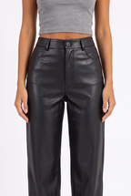Black faux-leather high-waist straight-leg trousers — waistband, button and pocket detail