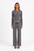 Dark grey knit cardigan and low-rise drawstring trouser set — front