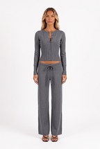 Dark grey knit cardigan and low-rise drawstring trouser set — front