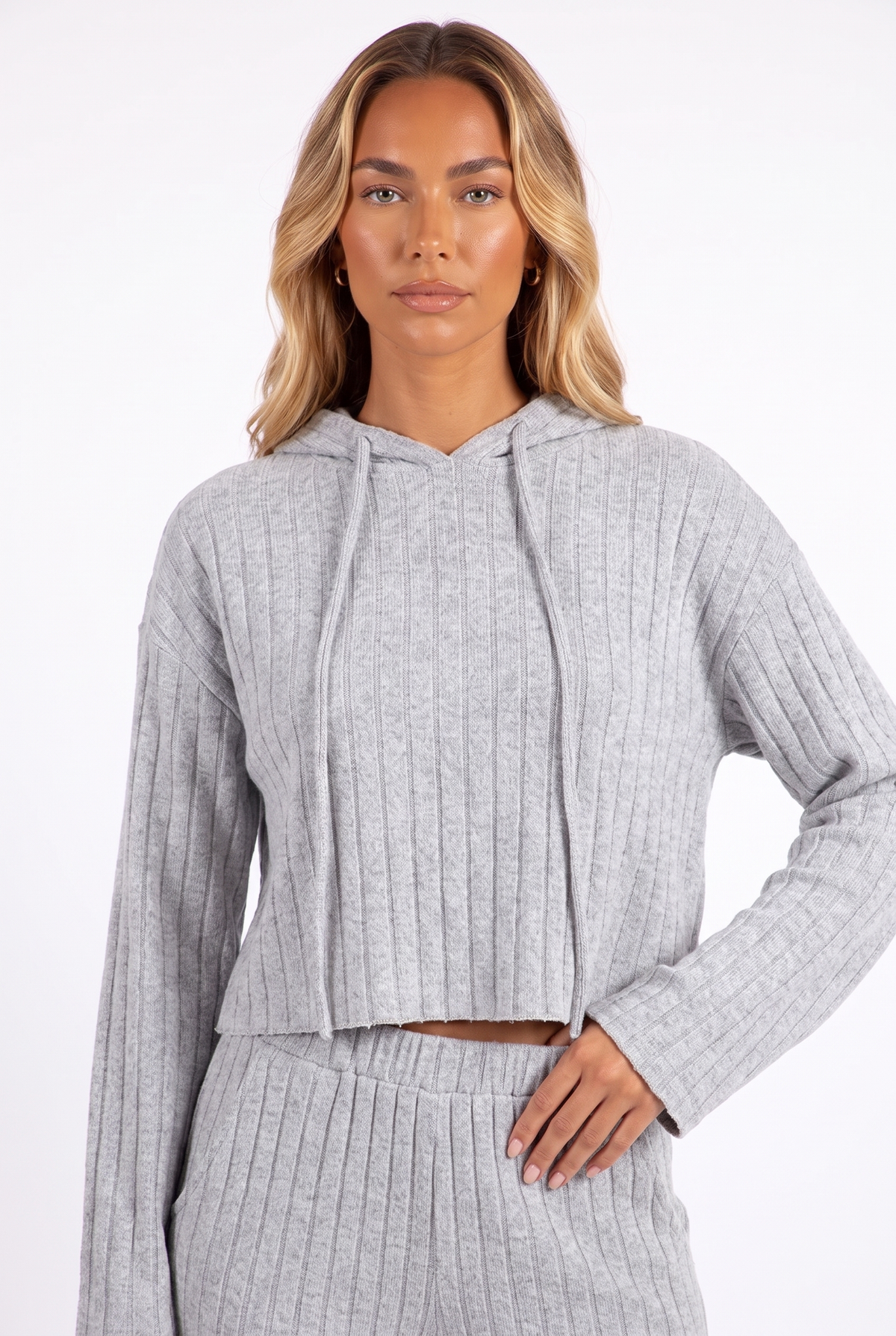 Heather grey rib-knit cropped hoodie and wide-leg trouser set — hood and drawstring detail