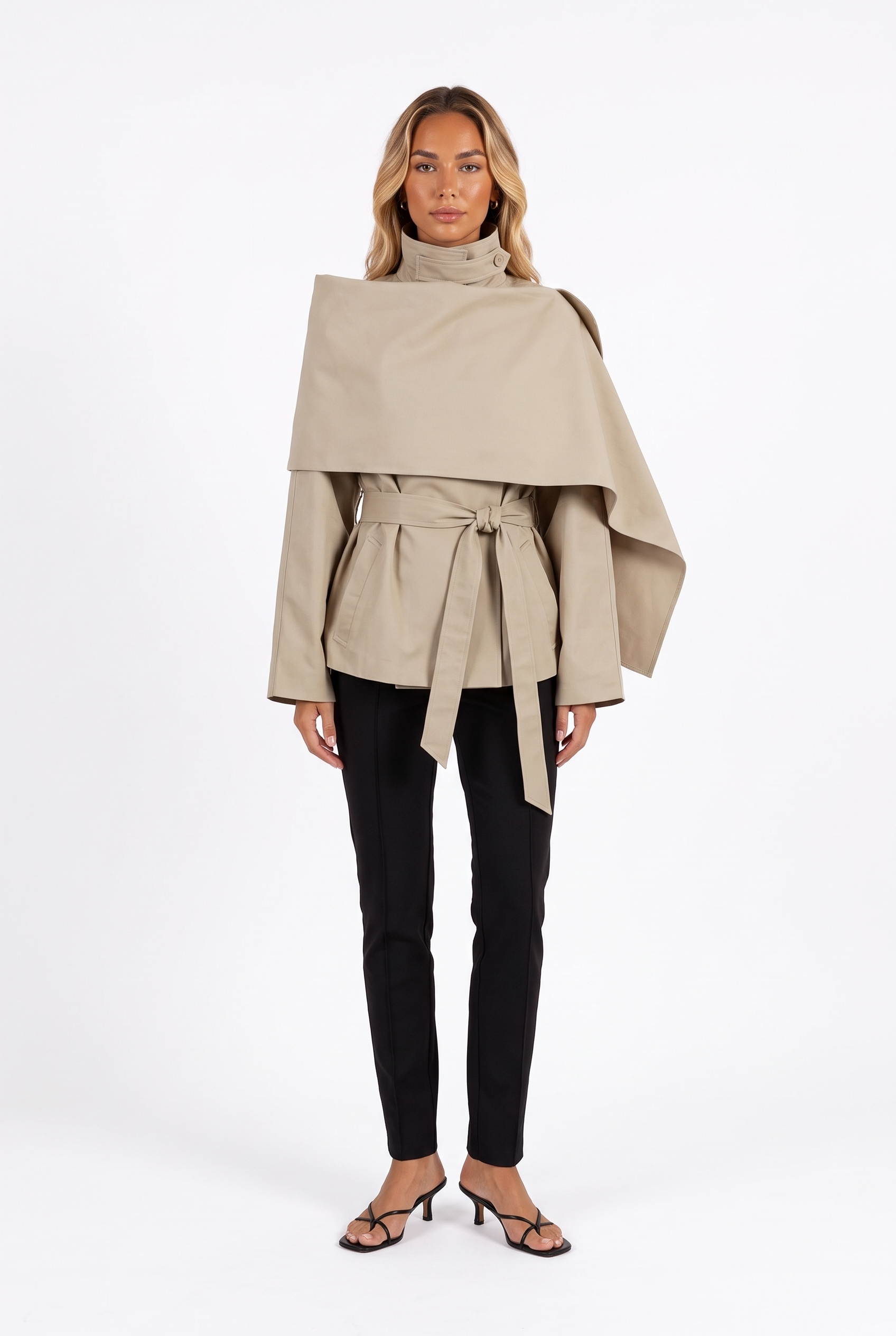 Beige belted cape jacket with stand collar — front