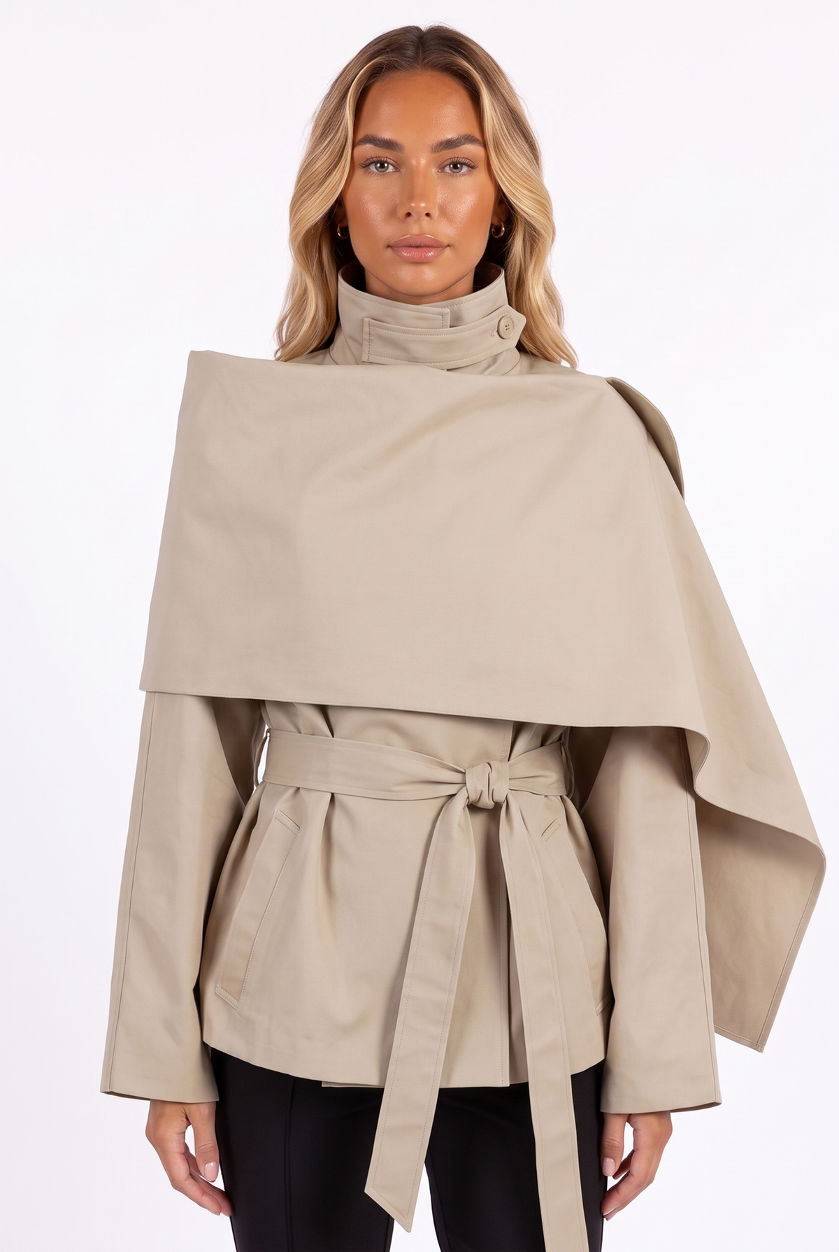 Beige belted cape jacket with stand collar — collar, cape and belt detail