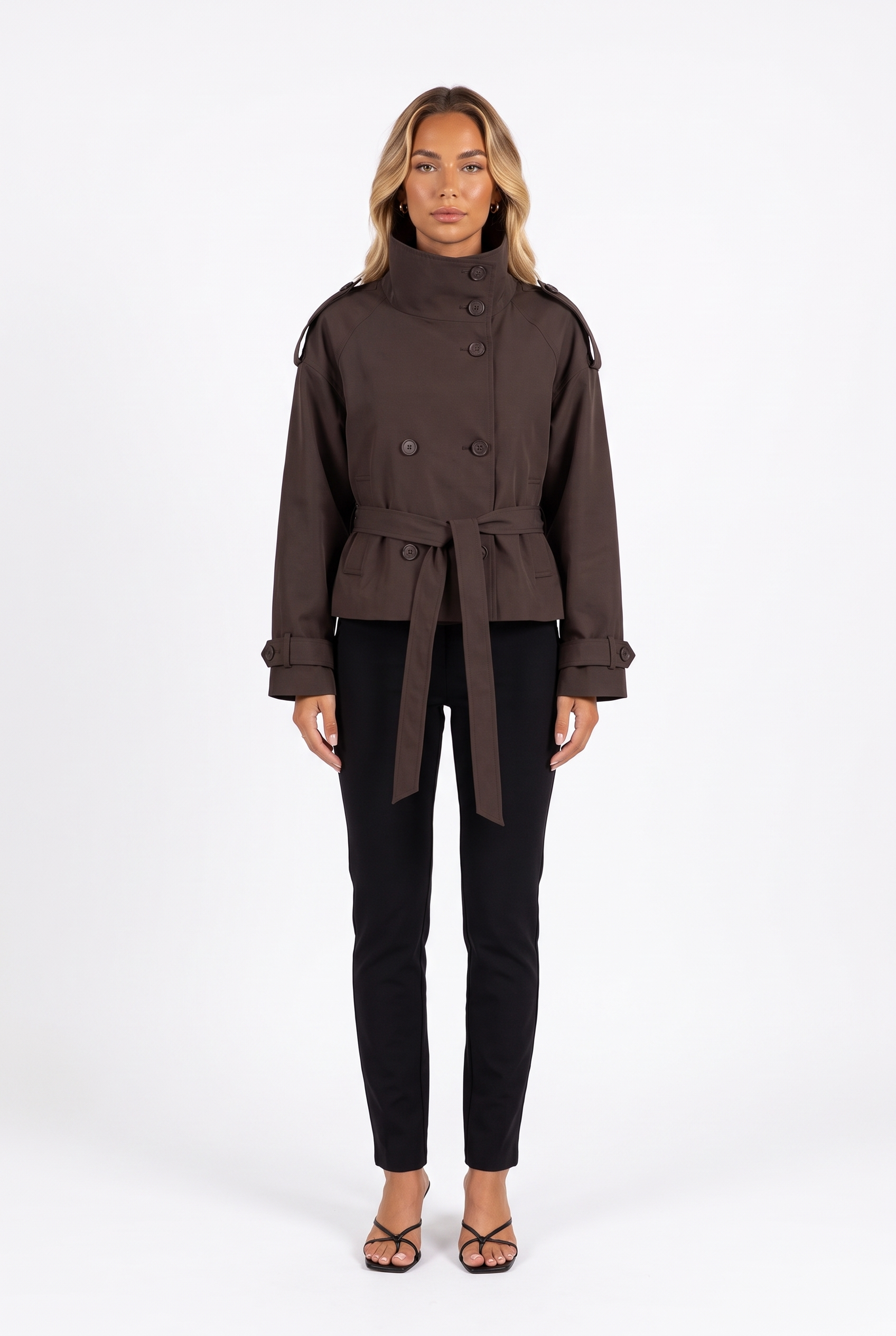 Brown cropped double-breasted belted trench jacket — front