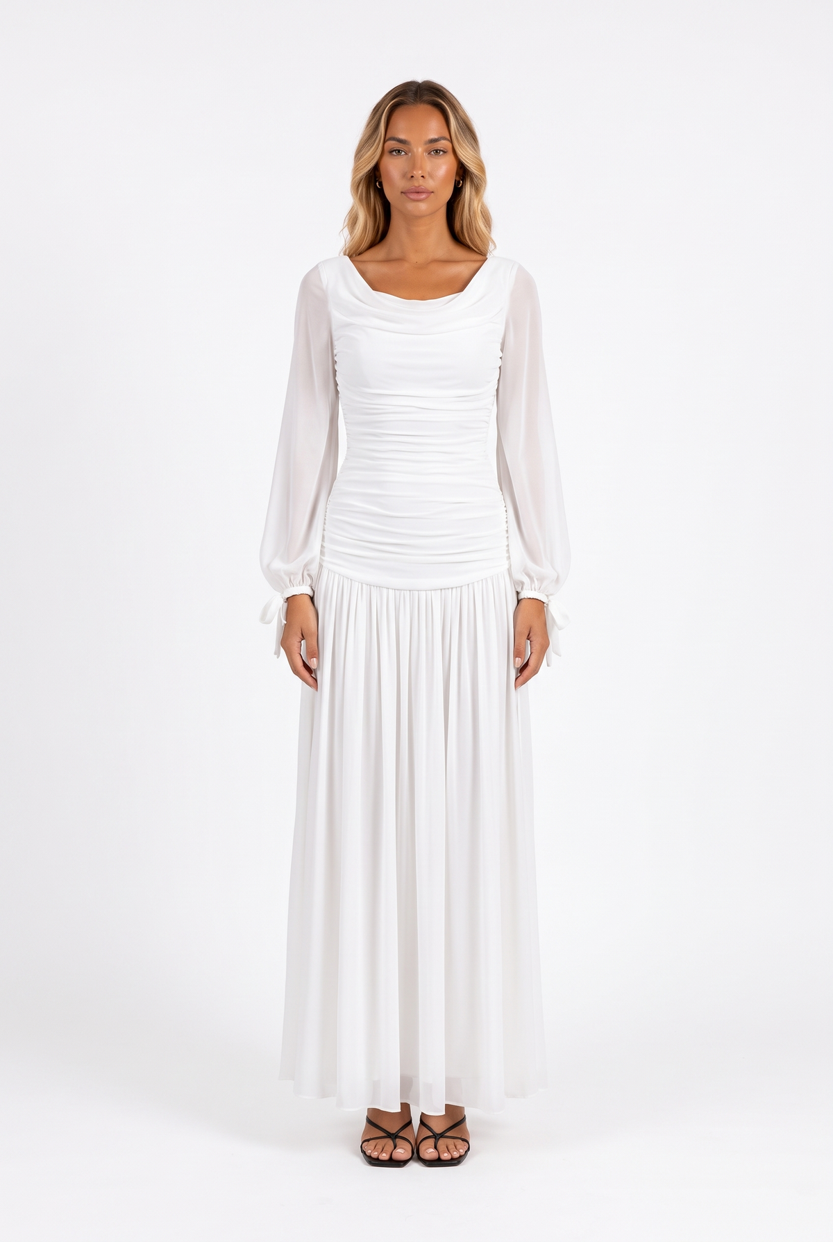 White draped cowl-neck ruched maxi dress with sheer bishop sleeves — front
