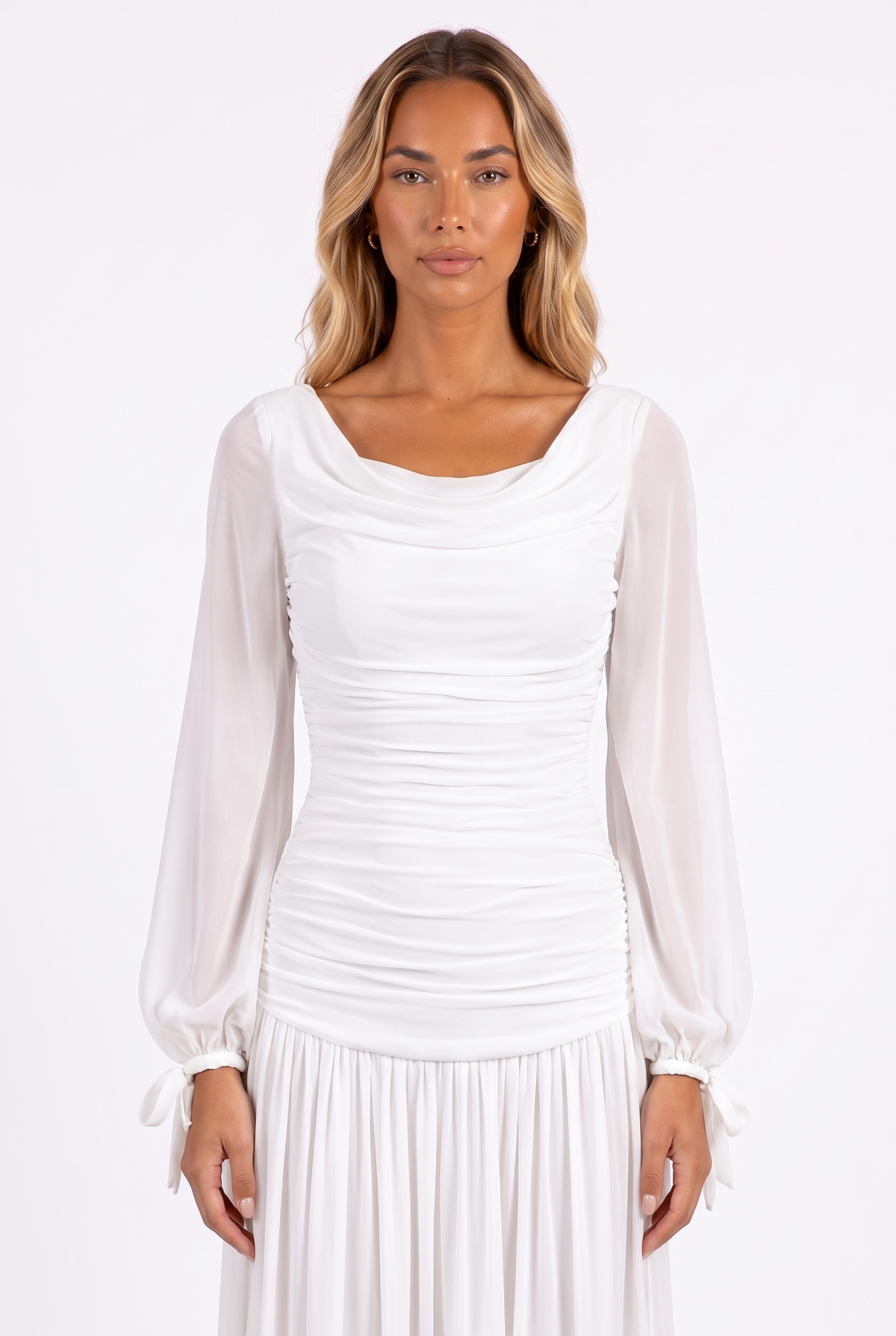 White draped cowl-neck ruched maxi dress with sheer bishop sleeves — neckline, ruching and sleeve detail