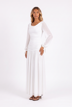 White draped cowl-neck ruched maxi dress with sheer bishop sleeves — three-quarter