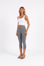 Heather grey crossover high-waist capri leggings — three-quarter