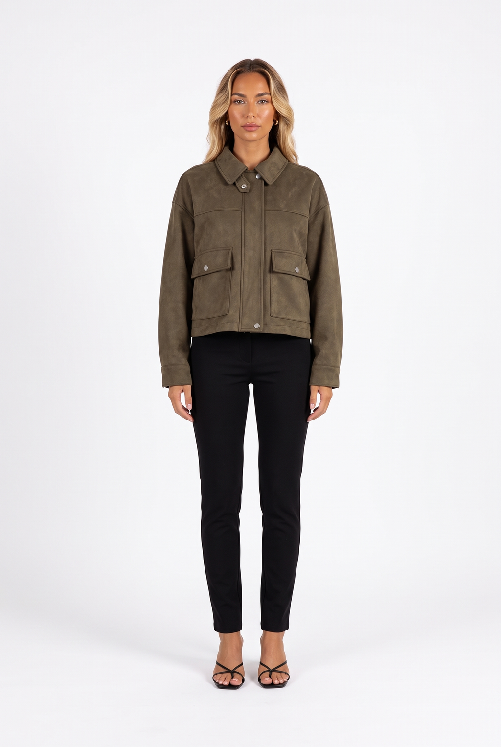 Olive faux-suede cropped snap-pocket jacket — front