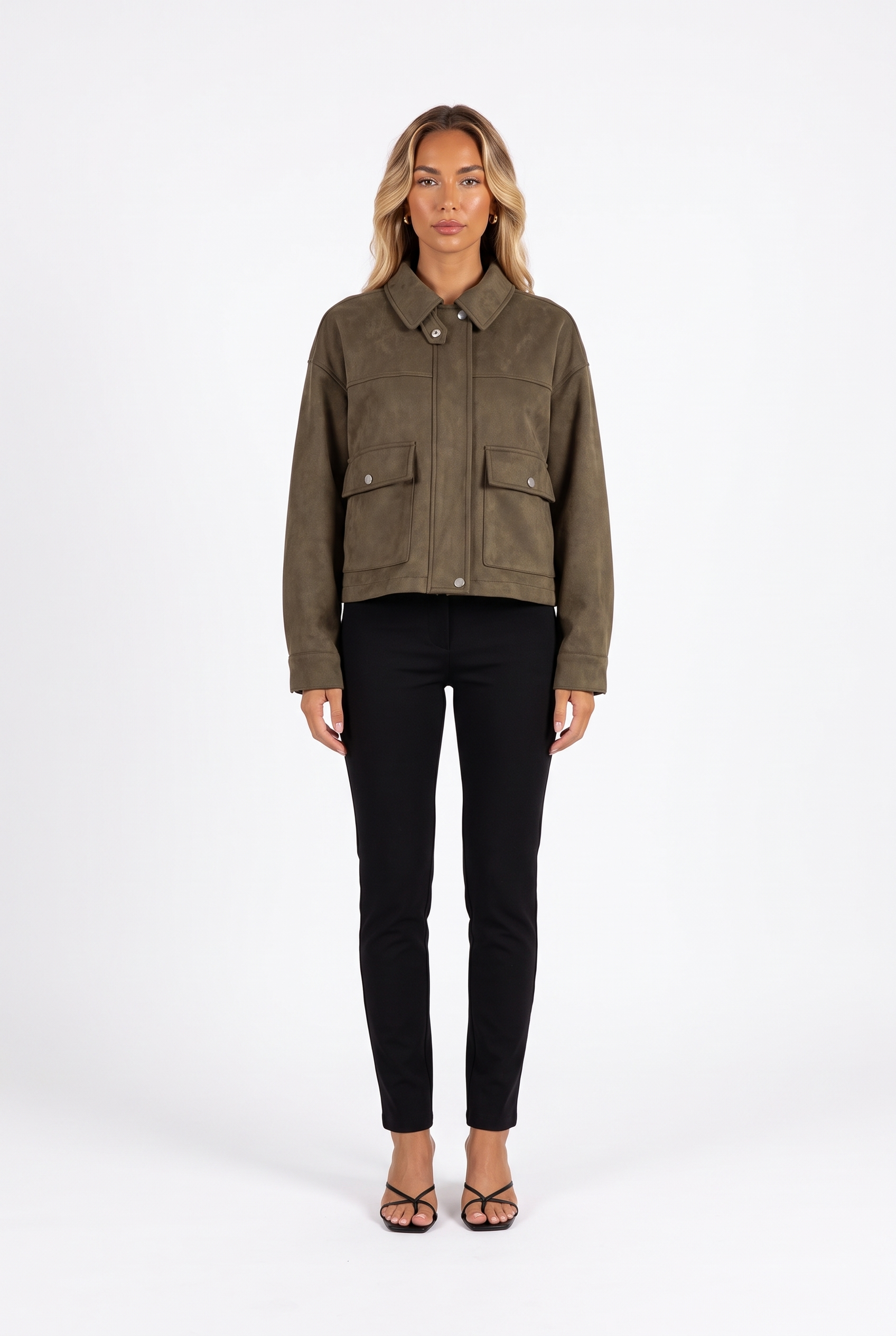 Olive faux-suede cropped snap-pocket jacket — front