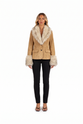 Camel faux-suede blazer with faux fur collar and cuffs — front