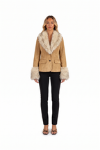 Camel faux-suede blazer with faux fur collar and cuffs — front