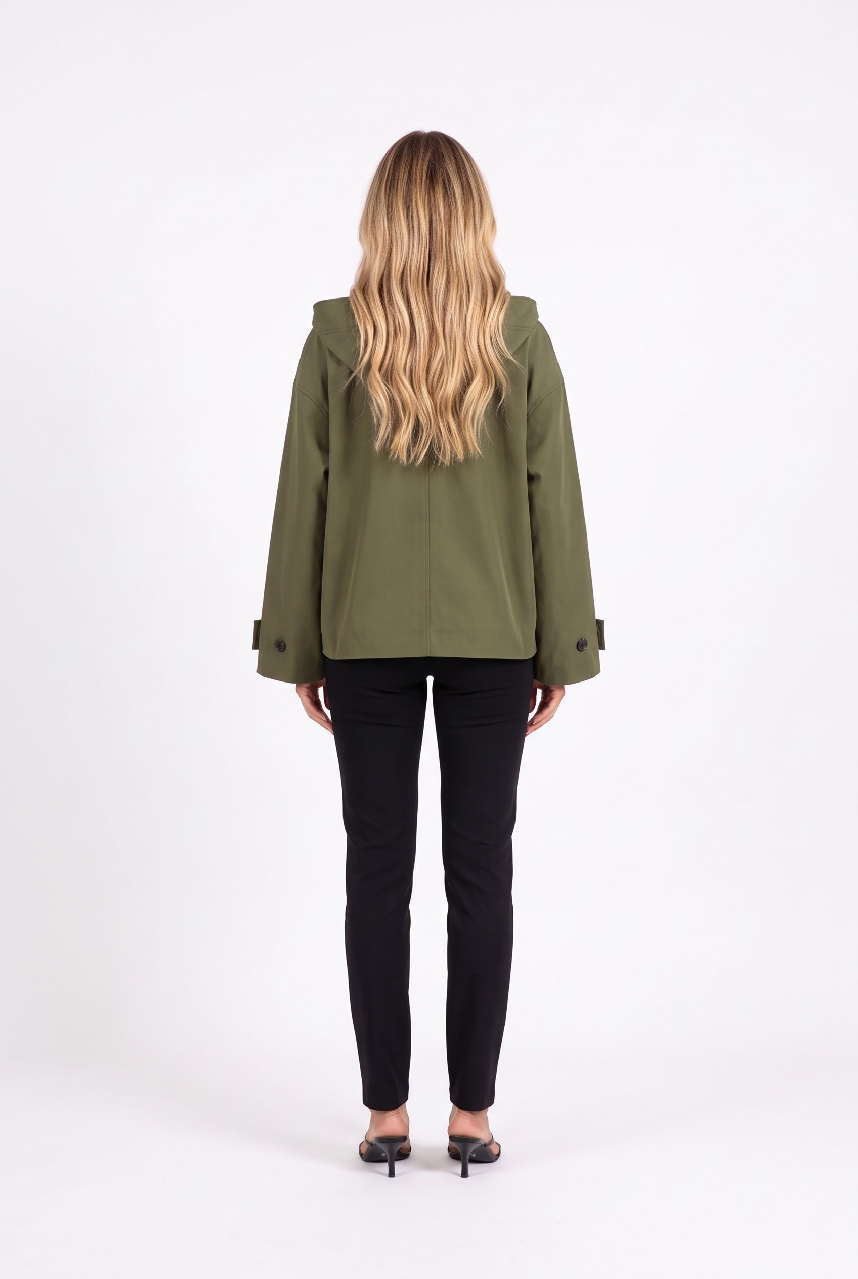 Army green oversized hooded cotton-twill jacket — back with hood