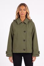 Army green oversized hooded cotton-twill jacket — collar, buttons and cuff detail