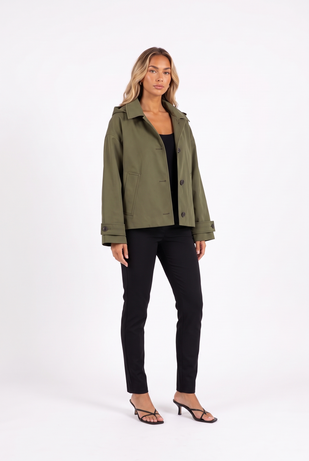 Army green oversized hooded cotton-twill jacket — three-quarter
