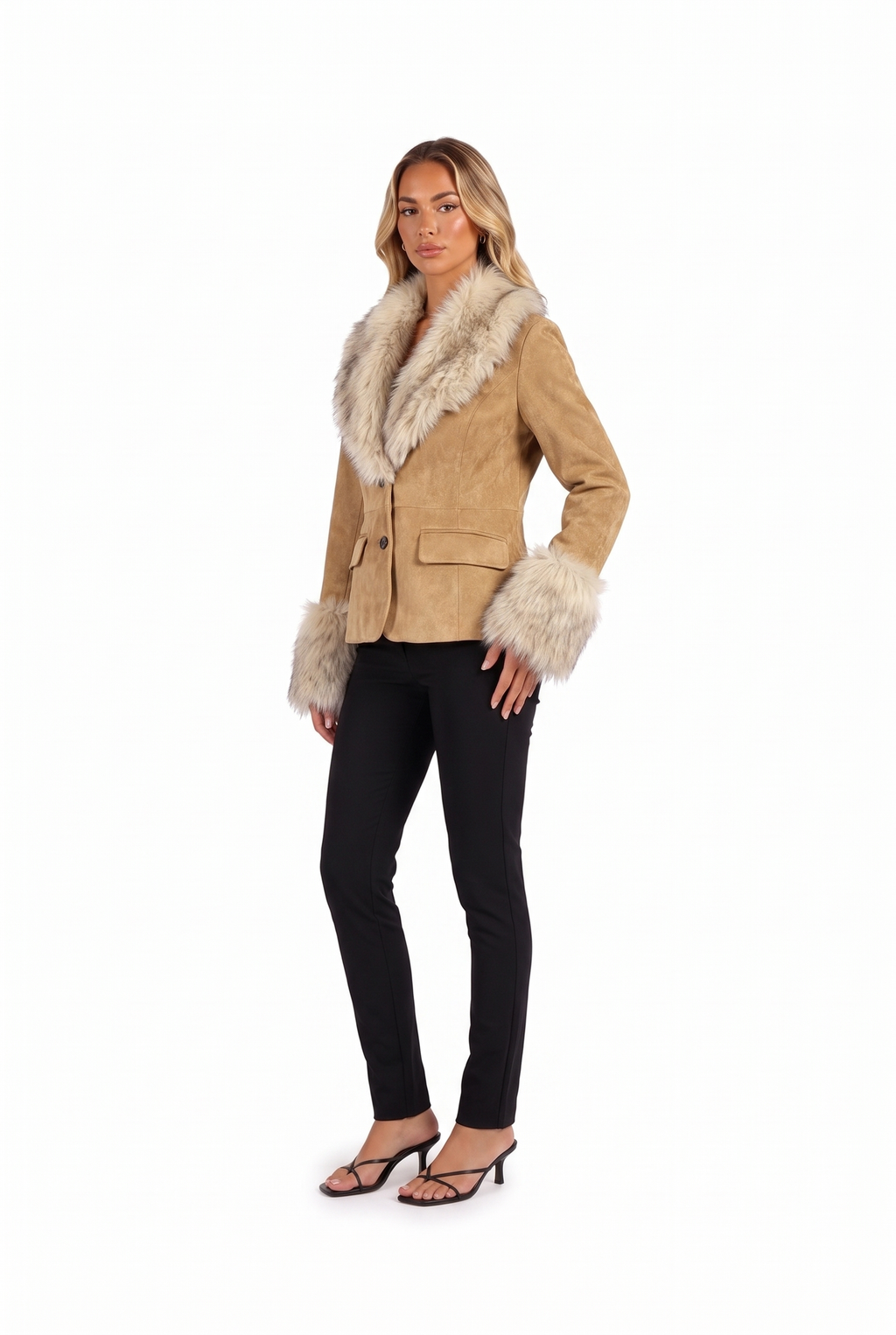 Camel faux-suede blazer with faux fur collar and cuffs — three-quarter