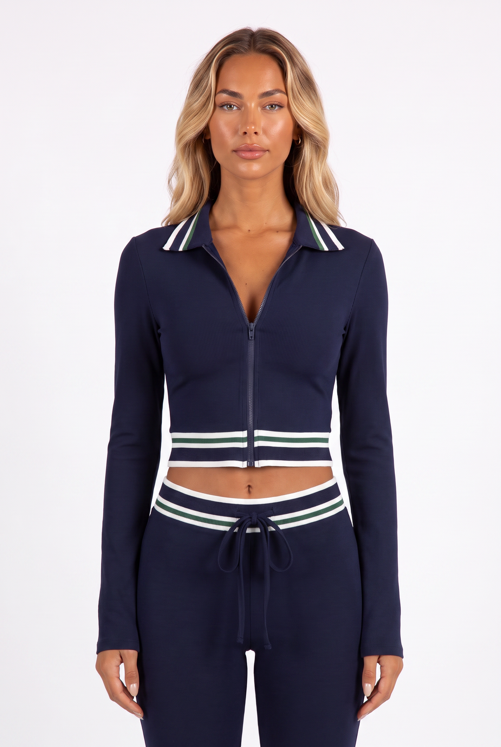 Navy striped-trim zip crop top and flared trouser set — collar, zip and waistband detail