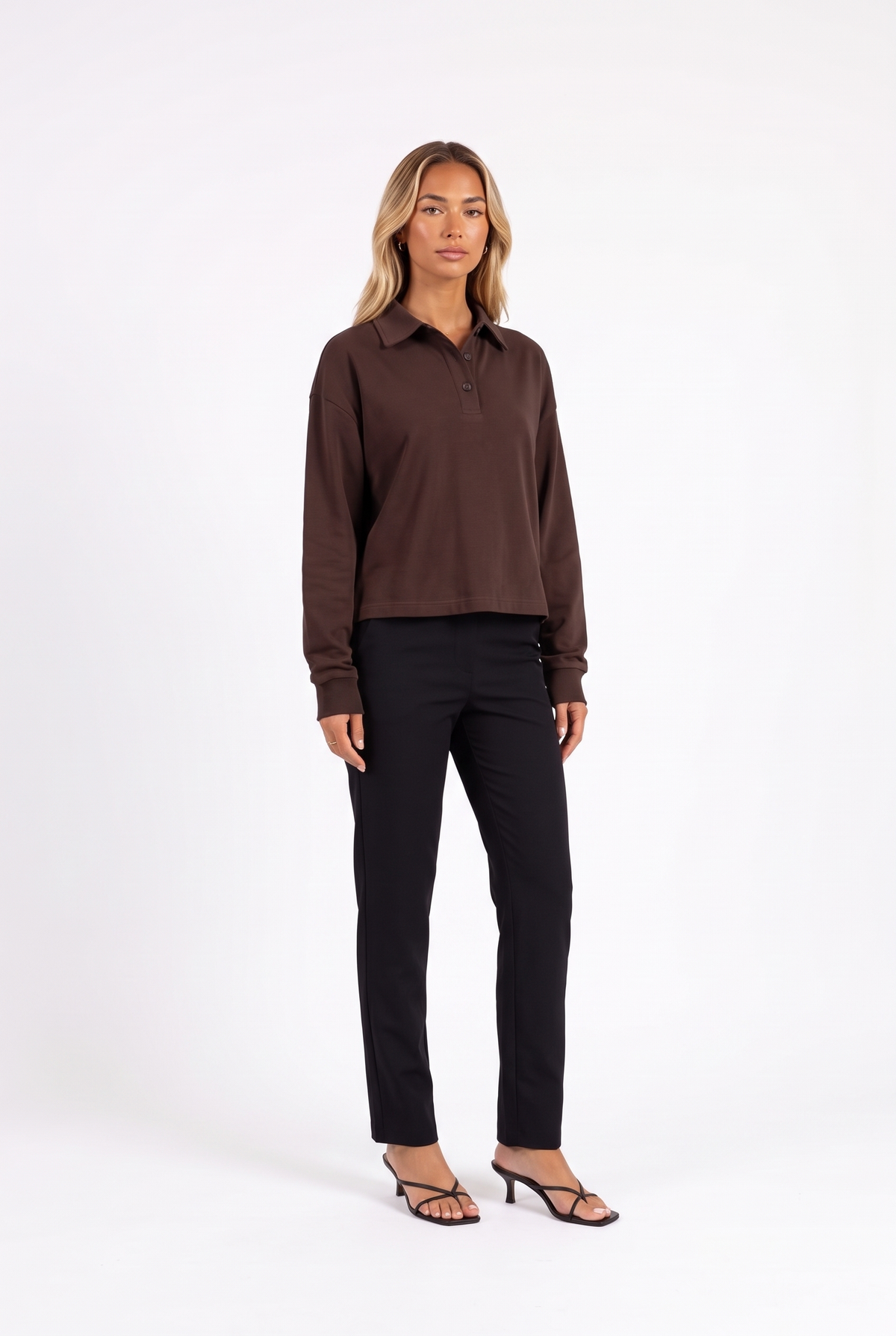 Brown long-sleeve cropped polo top — three-quarter
