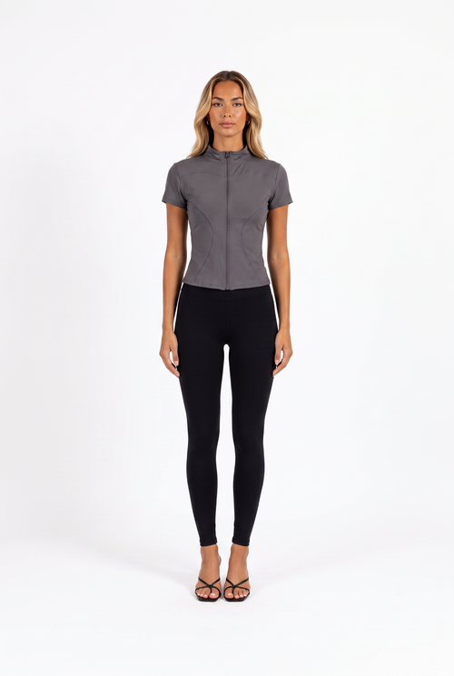 Dark grey short-sleeve mock-collar zip athletic top — front