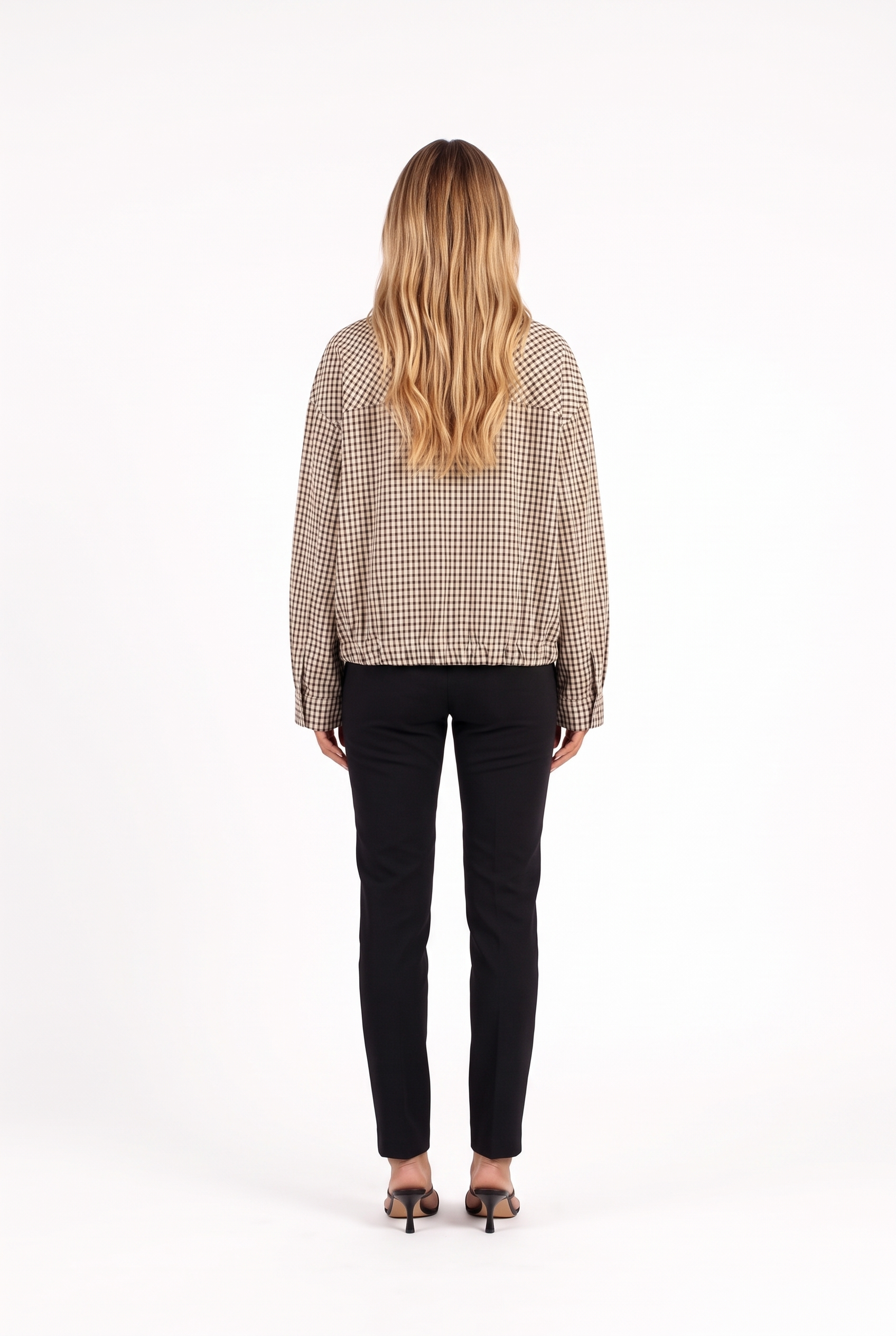 Brown gingham stand-collar cropped shacket — back