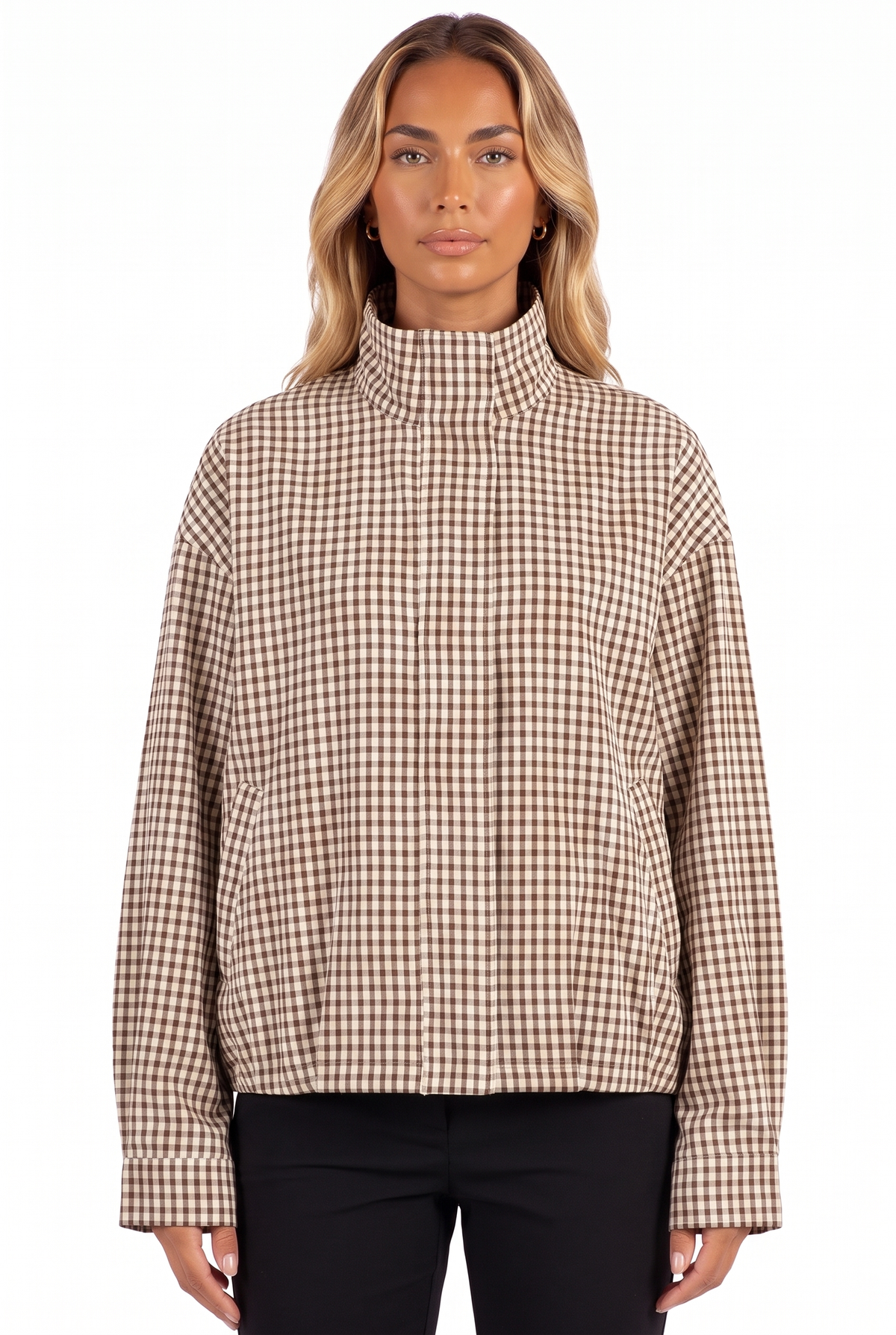 Brown gingham stand-collar cropped shacket — collar and placket detail