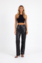 Black faux-leather high-waist wide-leg trousers — front