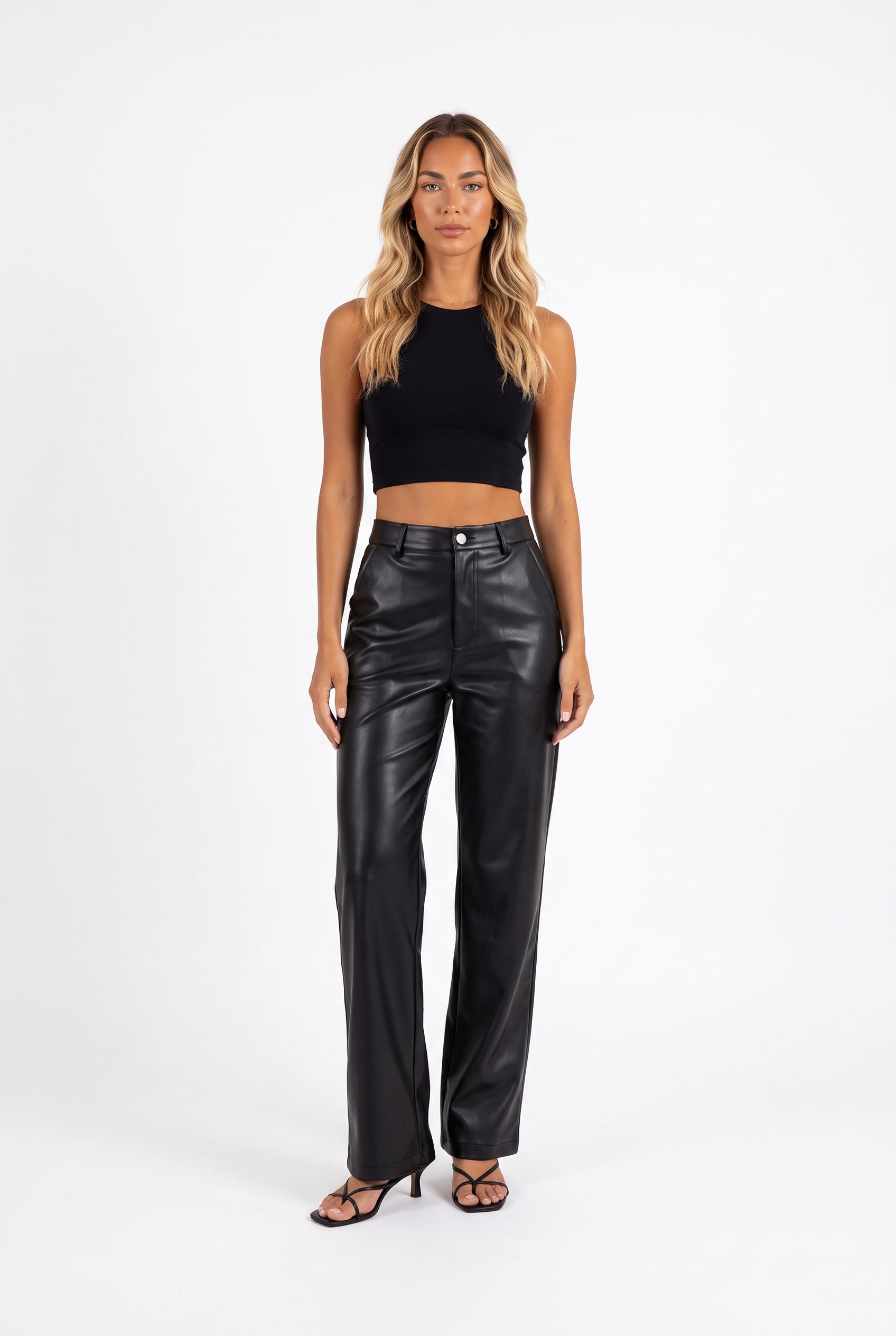 Black faux-leather high-waist wide-leg trousers — front