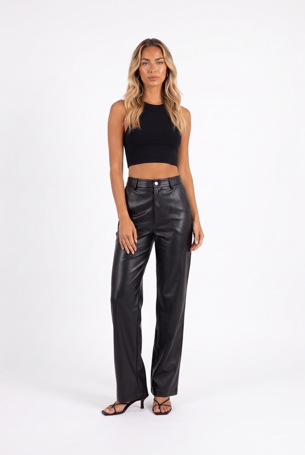 Black faux-leather high-waist wide-leg trousers — three-quarter