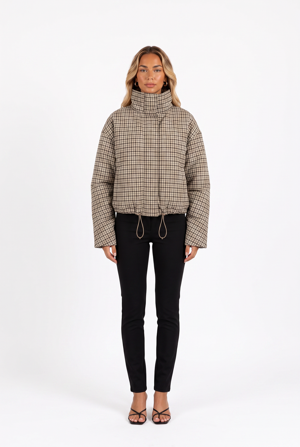 Brown gingham padded funnel-neck cropped jacket — front