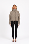Brown gingham padded funnel-neck cropped jacket — front