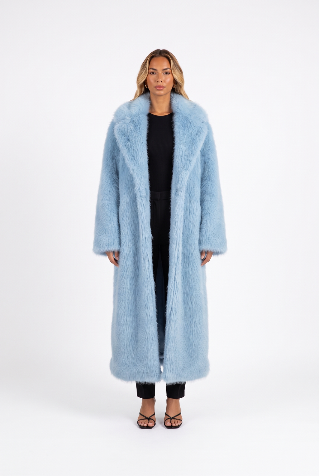Sky blue long faux fur coat with notched lapels — front