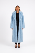 Sky blue long faux fur coat with notched lapels — front