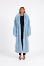 Sky blue long faux fur coat with notched lapels — front