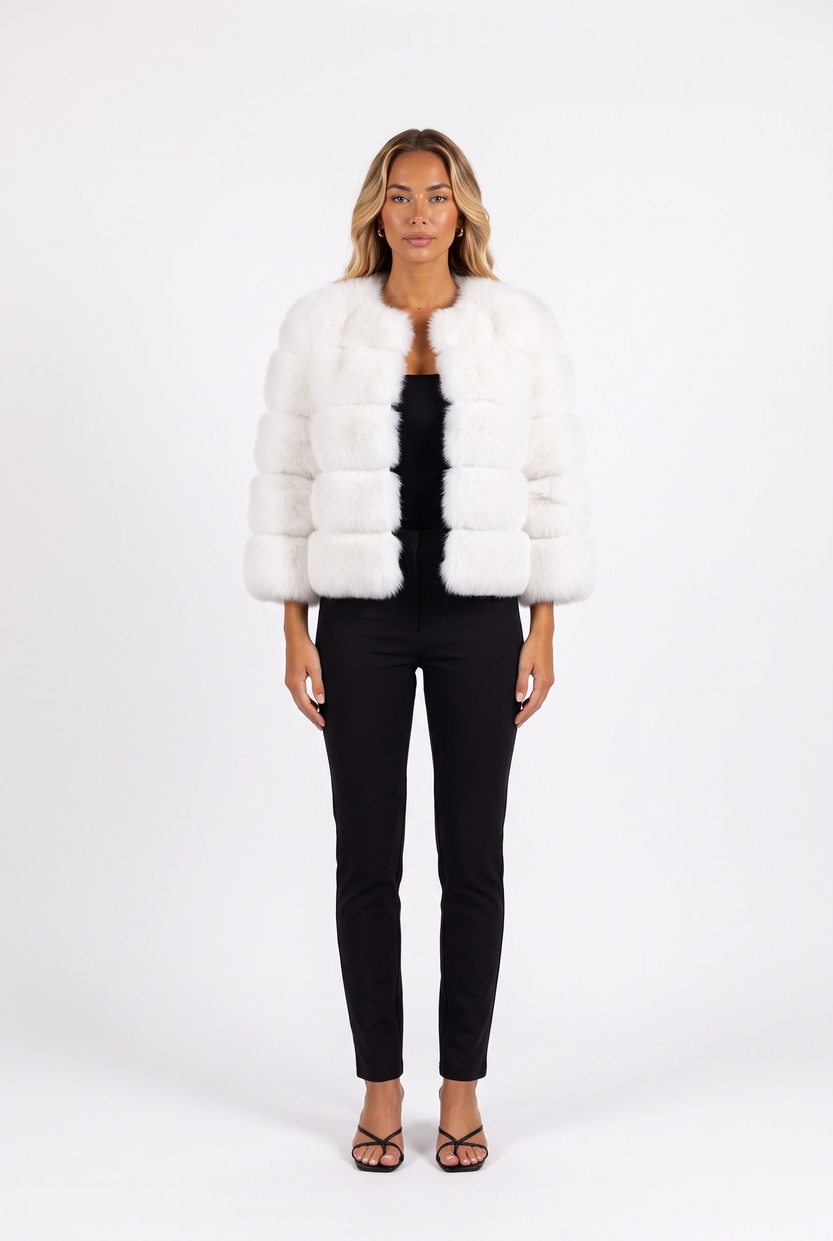 White banded faux fur cropped jacket — front